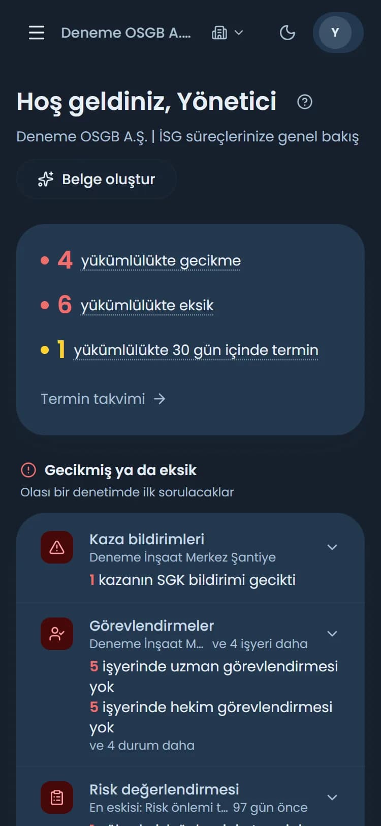 itsisg İSG yönetim platformunun panel ekranı (test kuruluşu verisiyle)